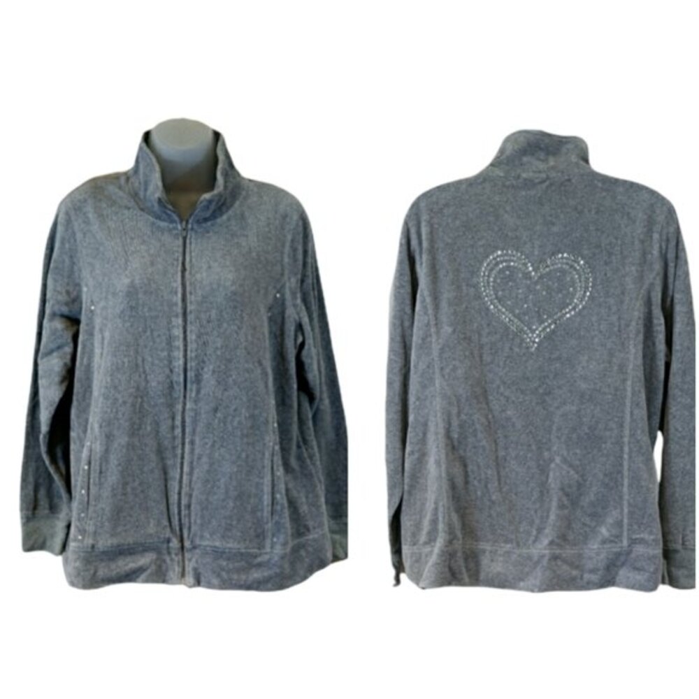 Quacker Factory Y2K Velour Full Zip Sweater Large Bedazzled Heart Streetwear